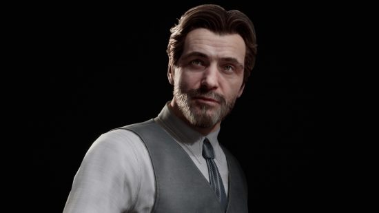 Atomic Heart characters: Dr. Dmitry Sechenov dressed in a shirt and tie looking just past the camera.