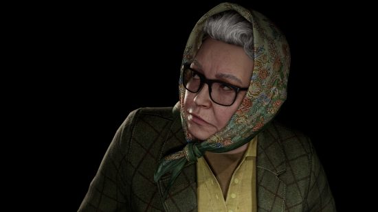 Atomic Heart characters: Granny Zina looking to the side.