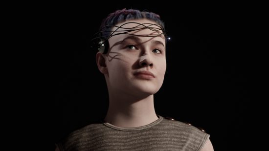 Atomic Heart characters: Larisa Filatova looking to the side, showing off her neurosurgeon headset.
