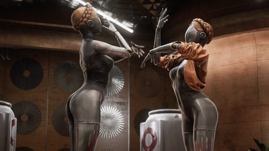 Atomic Heart characters: The Left and Right ballerina robot twins dancing.
