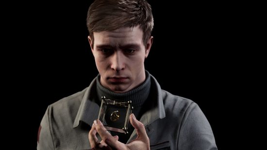 Atomic Heart characters: Viktor Petrov examining a small glass box containing an item.
