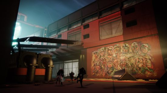Destiny 2 Cloud Striders lore and story: Guardians walking past a painted wall mural dedicated to the Cloud Striders.