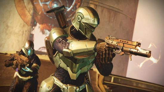Destiny 2 how to stun and kill Barrier Champions. A Titan at the ready, holding a sidearm.