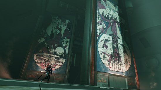Destiny 2 Neomuna lore and story: A Hunter walking past two large murals depicting events from the history of Neomuna.