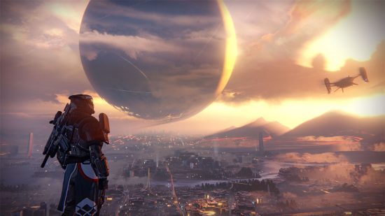 Destiny 2 The Traveler: A Titan looking up at The Traveler from The Tower.