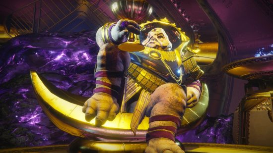 Destiny 2 Lightfall who is Calus?: A Calus animatronic sipping wine in his throne room.
