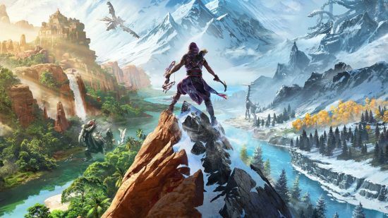 Do PSVR 2 games work with PSVR 1?: Horizon Call of the Mountain splash art depicting the character standing on the top of a mountain, looking out over the landscape.