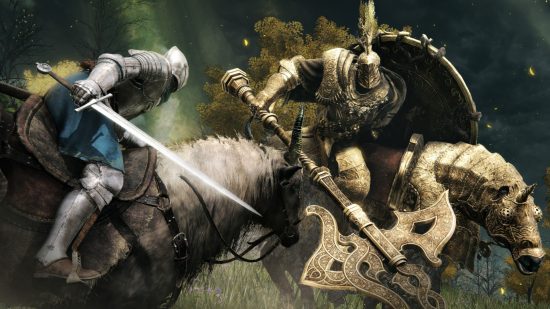 Elden Ring Shadow of the Erdtree release date: The customisable main character fighting a Golden Tree Sentinel, both on horseback.