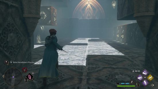 Hogwarts Legacy Hall of Herodiana Second Puzzle Solution: The customisable player character exploring the Hall of Herodiana second puzzle room.