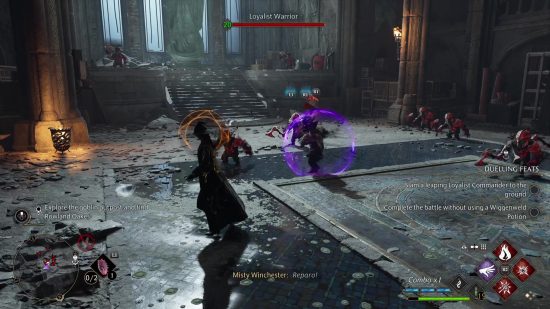 Hogwarts Legacy how to block and parry enemies: The block indicator appearing above the character's head during a combat section against a group of Goblins.