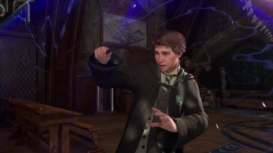 Hogwarts Legacy how to break shields: Sebastian Sallow casting Protego to create a purple shield.