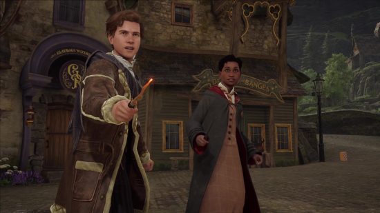 Hogwarts Legacy how to increase inventory space: The player character and Natsai Onai in Hogsmeade, wands at the ready.