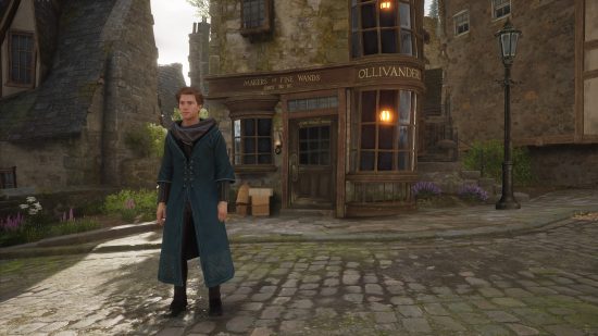 Hogwarts Legacy Ollivanders store location: The customisable player character standing outside the Ollivanders wand store in Hogsmeade.