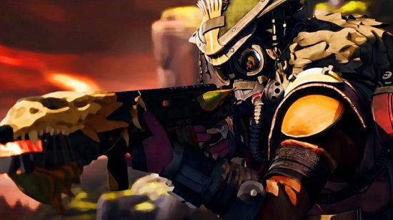 Apex Legends Arenas shut down: an image of Bloodhound aiming a G7 from a battle royale trailer