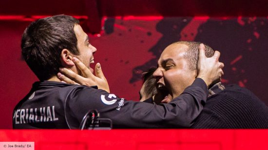 Apex Legends ALGS: TSM's ImperialHal and Raven hold each others faces and scream in joy after winning the ALGS Split 1 Playoffs