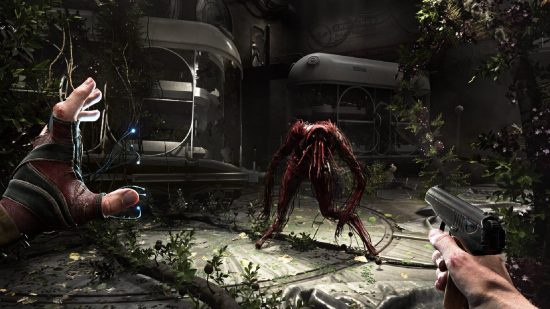 Atomic Heart review: Agent P-3 using an ability on a Polymer creature in Atomic Heart