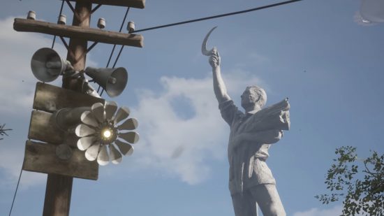 Atomic Heart review: Communist statue in the background of a robot Dandelion in Atomic Heart