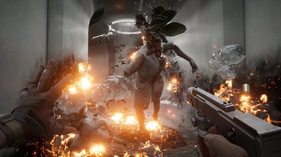 Atomic Heart weapons: A player can be seen fighting a Venus Mantrap