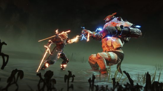 Best PS5 co-op games Destiny 2: A Witcher-inspired Hunter with a flaming sword attacking a Scorn enemy.