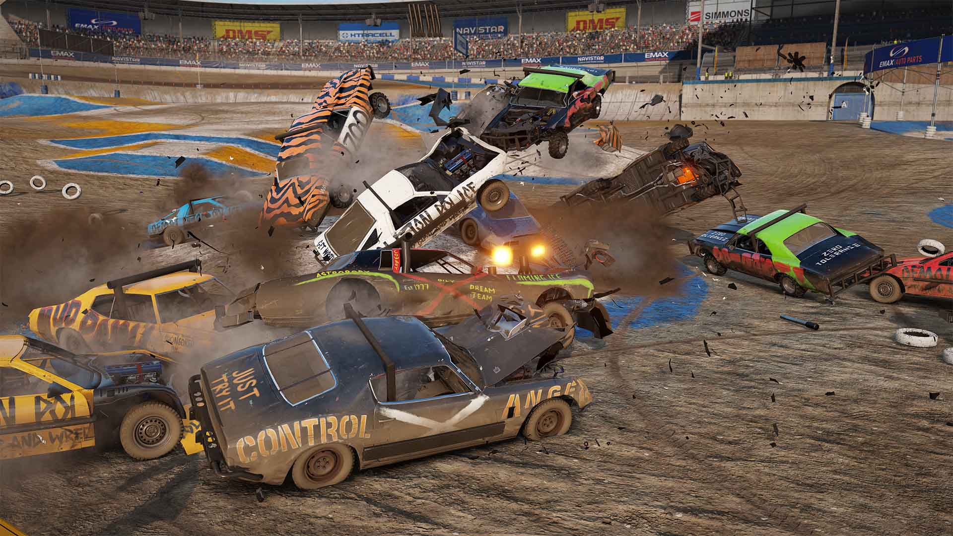 Best racing games:  several cars collide in Wreckfest