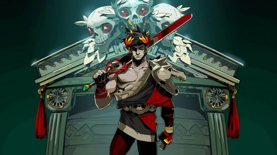 Best roguelike games: Zagreus holds a red sword on his shoulders while he stands in front of a temple in Hades