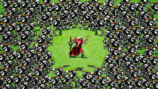 Best roguelike games: a character stands in the middle of a huge circle of demons in Vampire Survivors