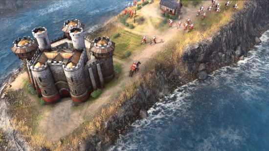 Best strategy games: Several cavalary riders move away from a castle in Age of Empires 4
