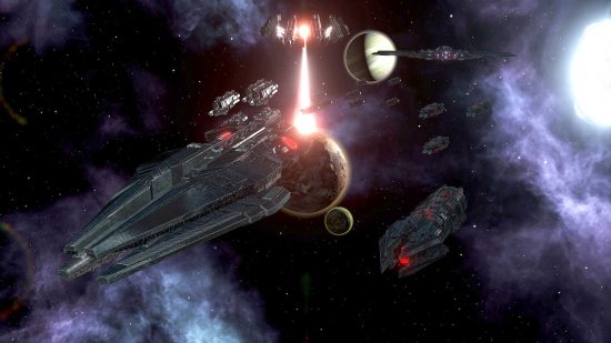 Best strategy games: Two spaceships fight in space in Stellaris