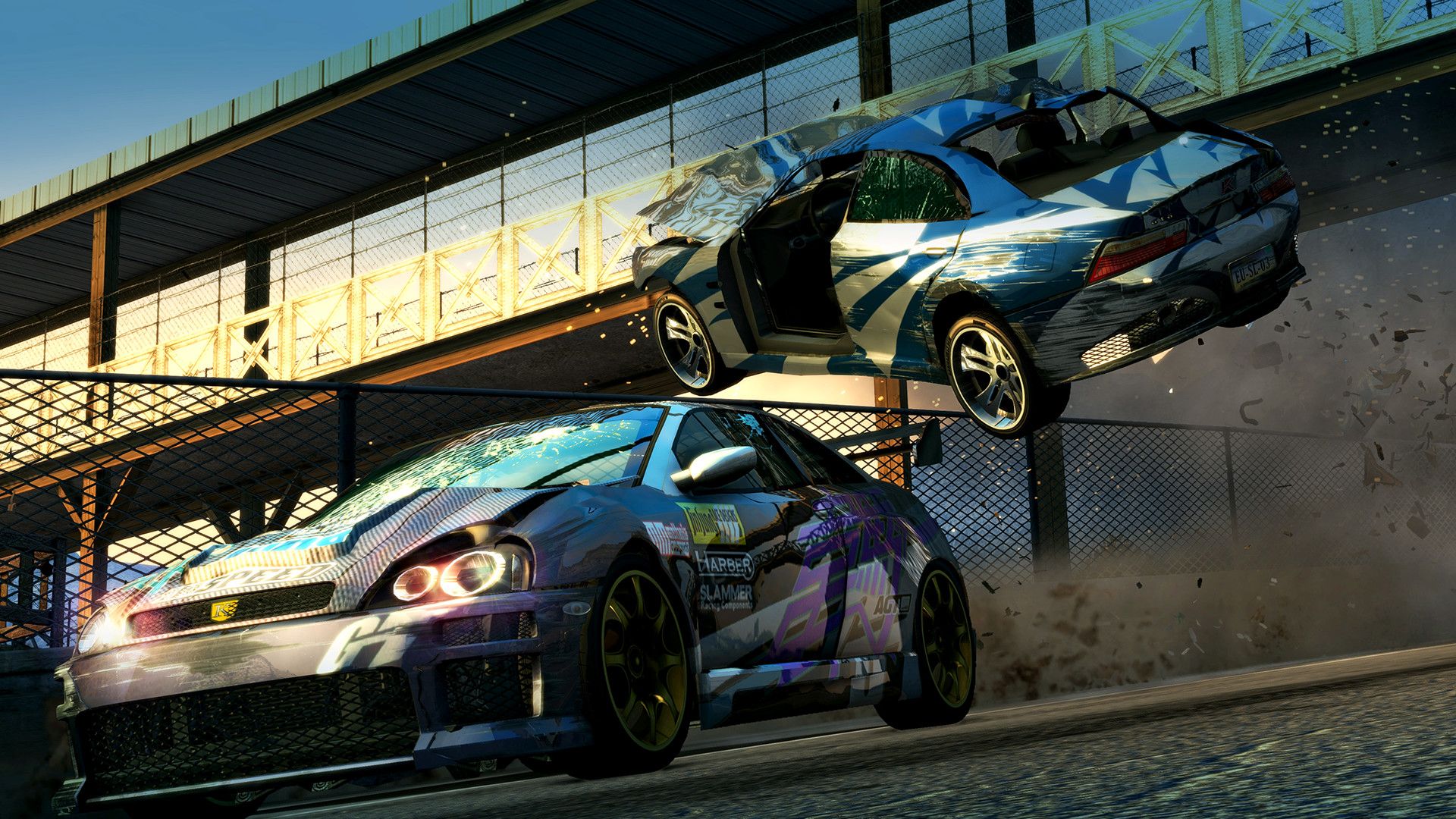 Best Switch racing games: Two racing cars with liveries crash into one another in Burnout Paradise remastered