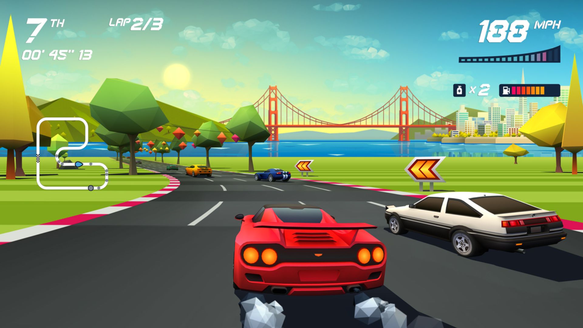 Best Switch racing games: A red sports car tries to catch up with other racers in Horizon Chase Turbo