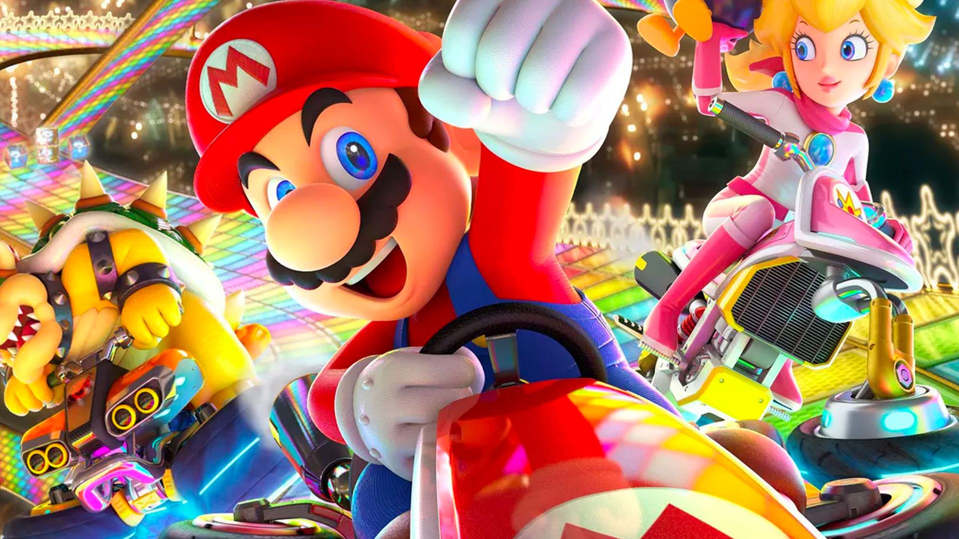Best Switch racing games: Mario punches the air as he drives his kart in Mario Kart 8