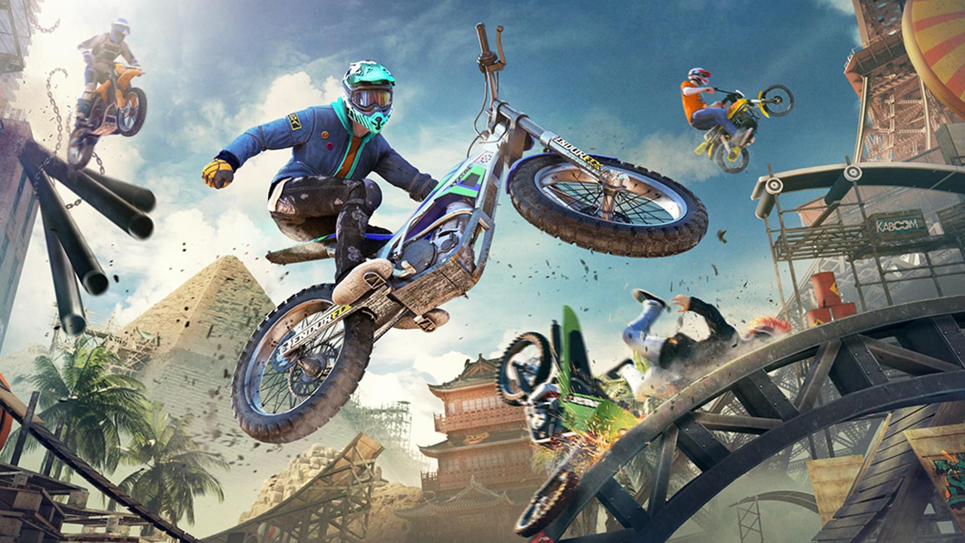 Best Switch racing games: A biker pulls a stunt as they jump a canyon in Trials Rising