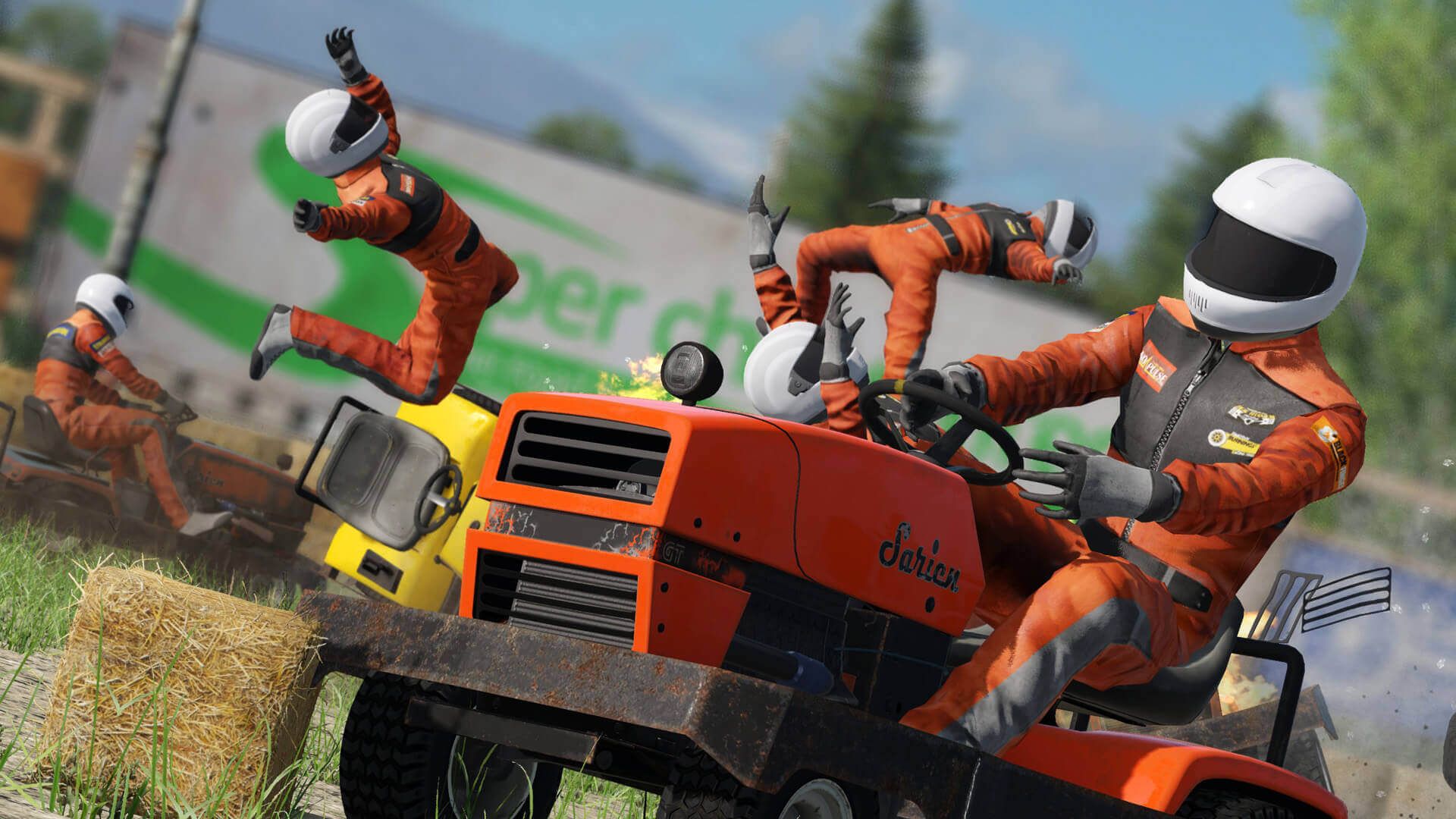 Best Switch racing games: crash test dummies go flying as a man drives a tractor in Wreckfest