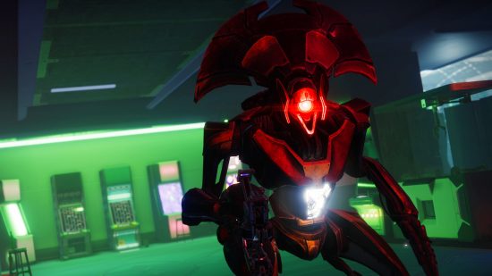 Destiny 2 Lightfall Lost Sector: A Vex enemy walking through a green-lit arcade