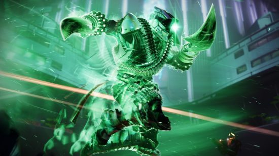 Destiny 2 Lightfall weapon crafting: A glowing green guardian using a Strand ability floats through the air