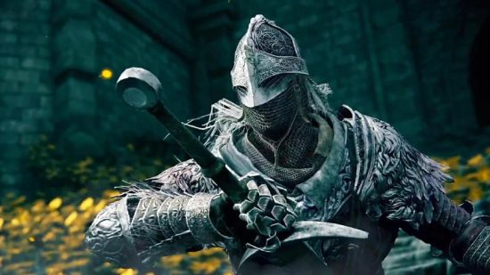 Elden Ring DLC: A knight in silver armour grabs the handle of his sword