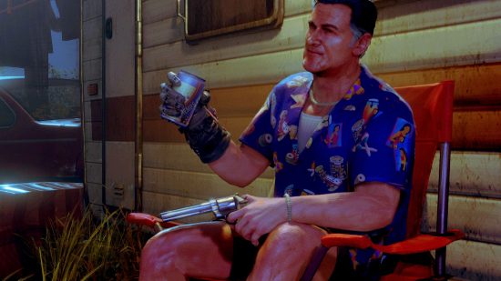 Evil Dead game Splatter Royale: an image of Ash sitting sipping a Shemps from the horror game