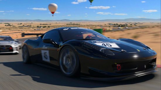 Ferrari racing in the desert in Gran Turismo 7