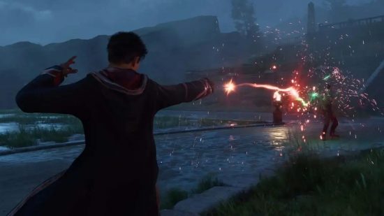 Hogwarts Legacy Best Gear: A player can be seen using a curse on an enemy