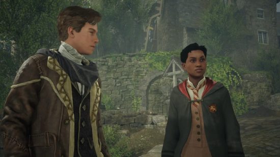 Hogwarts Legacy best talents: Protagonist and Natty standing outside of Hogwarts in Hogwarts Legacy