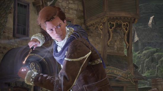 Hogwarts Legacy how to reduce spell cooldown: Protagonist casting a spell in Hogsmeade in Hogwarts Legacy