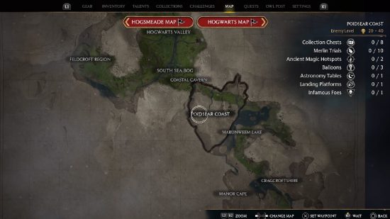 Hogwarts Legacy map: the south section of the map can be seen