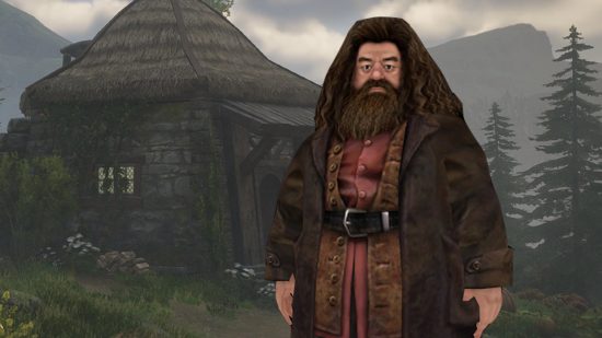 Rubeus Hagrid from Harry Potter and Hagrid's Hut from Hogwarts Legacy