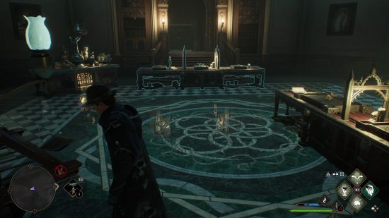 Potion and potting tables in the Hogwarts Legacy Room of Requirement