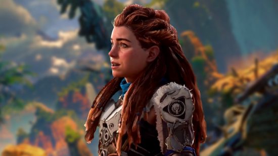 Horizon Call of the Mountain release time: an image of Aloy in front of a blurred image of the VR game