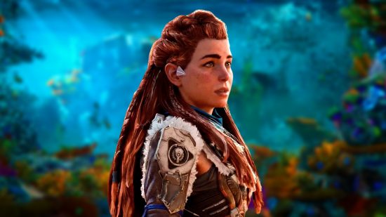 Horizon Forbidden West underwater gameplay time spent: an image of Aloy infront of an underwater scene from the RPG