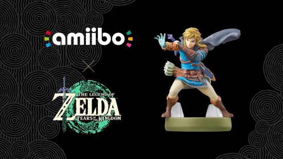 Legend of Zelda: Tears of a Kingdom amiibo information, showing the game's logo, the amiibo logo, and the new Link amiibo.