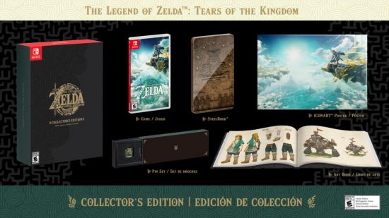 Legend of Zelda: Tears of the Kingdom pre-orders image showing the Collector's Edition. It shows the game, the Steelbook, the poster, artbook, and pin badge collection, with the names of each written below them.