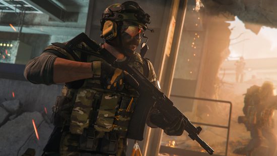 MW2 Season 2 maps: A soldier in military gear and reflective sunglasses hides behind a pillar with a large assault rifle in hand