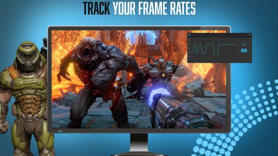 PC Game Benchmark FPS Monitor app: A PC monitor with a game on it showing the FPS 